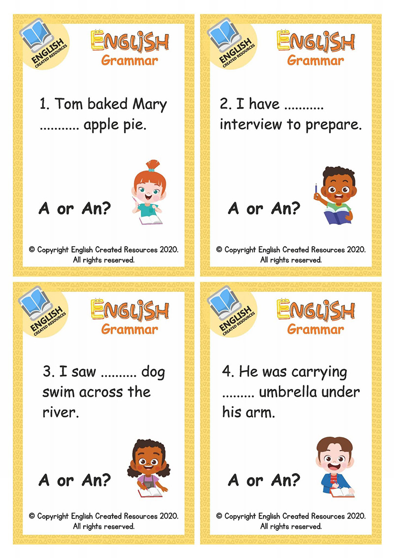 《A or An Task Cards》初级语法闪卡海报英语启蒙必备PDF